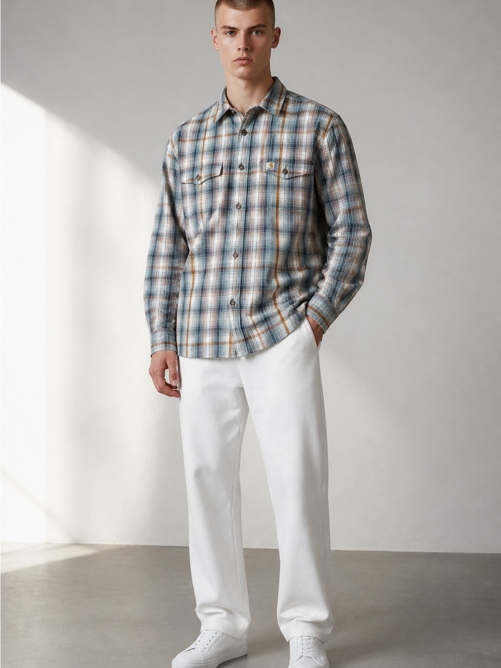 Carhartt Men's Plaid Button-Down Shirt in Blue, Tan and White
